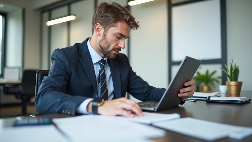 Person reviewing bank statement on tablet with notebook and calculator on desk