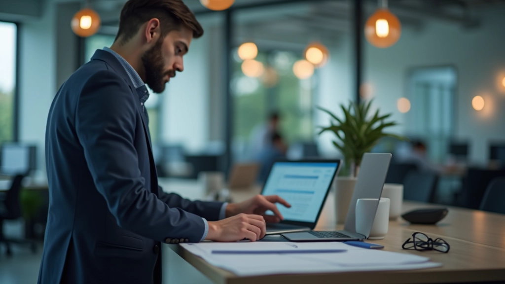 Accountant working at standing desk with computer and financial documents