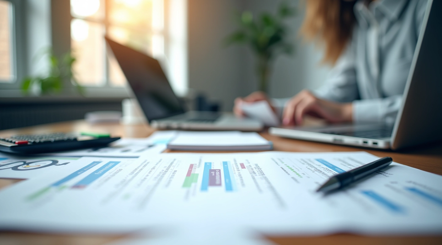 Professional workspace with financial documents and calculator on organized desk
