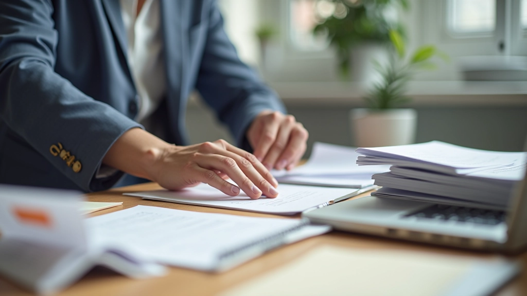 Person at desk organizing financial records and transaction documents in neat stacks