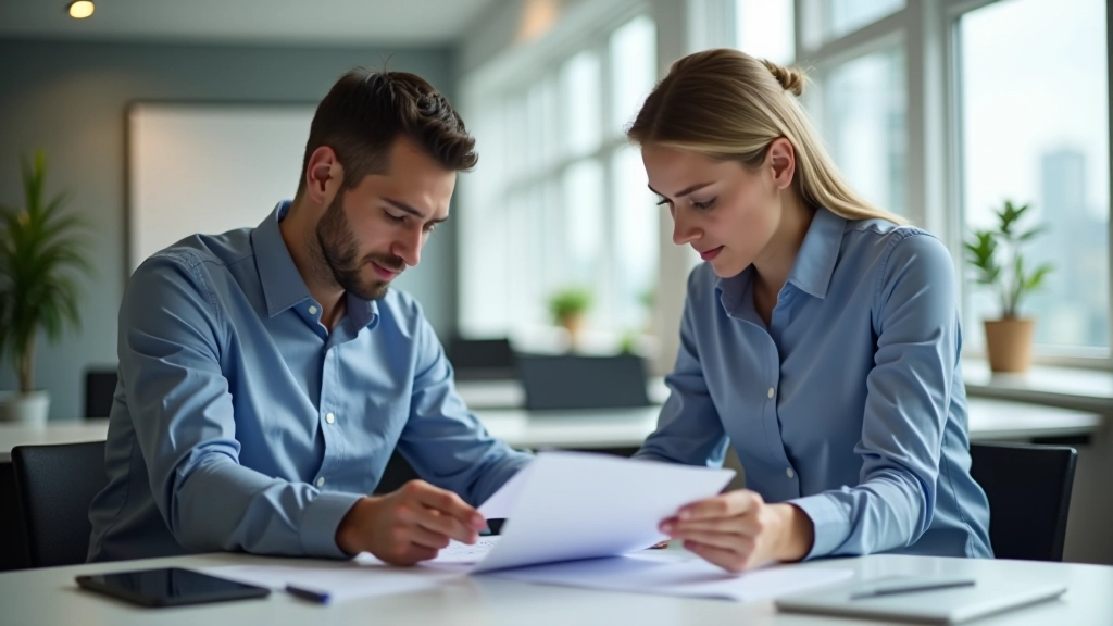Two people comparing documents side by side, one holding bank statement and one holding ledger