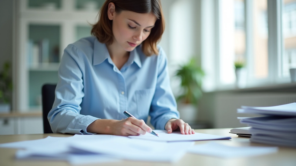Accountant organizing financial documents and bank statements on desktop workspace