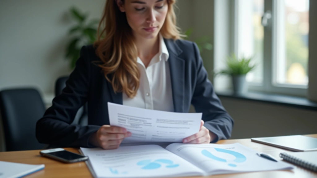 Professional reviewing financial documents and reports at desk with organized papers and notebook